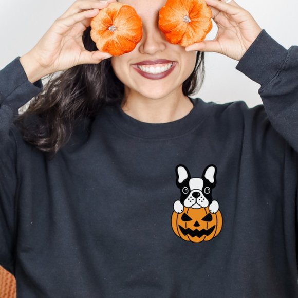 Desert Bloom Darlin Sweaters - Frenchie Jack O' Lantern Pocket Black Sweatshirt